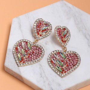 Double broken hearts pink prom earrings, pageant earrings, bridal jewelry